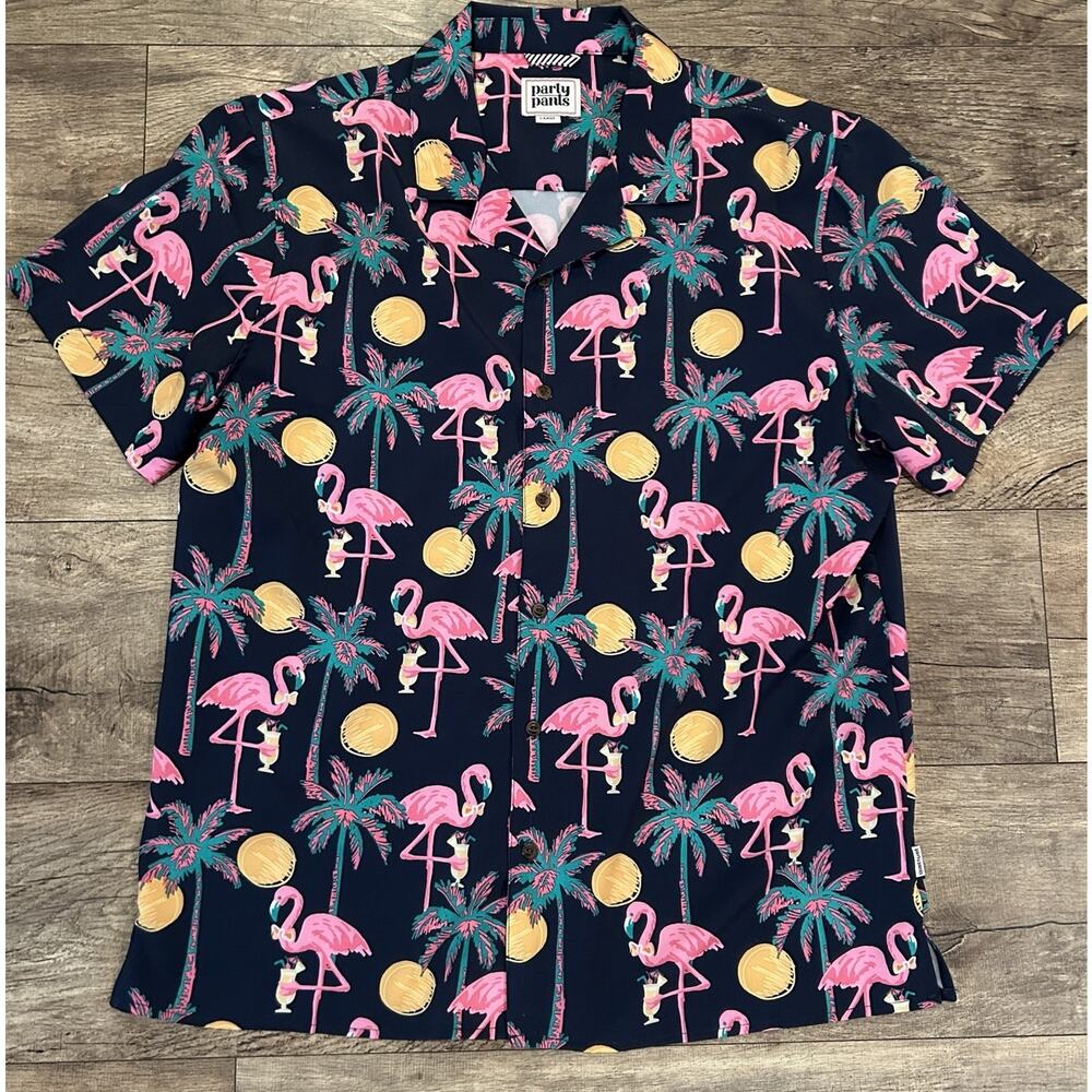 Party Pants Mens All Over Print Flamingo Palm Trees Hawaiian Button Down Shirt L